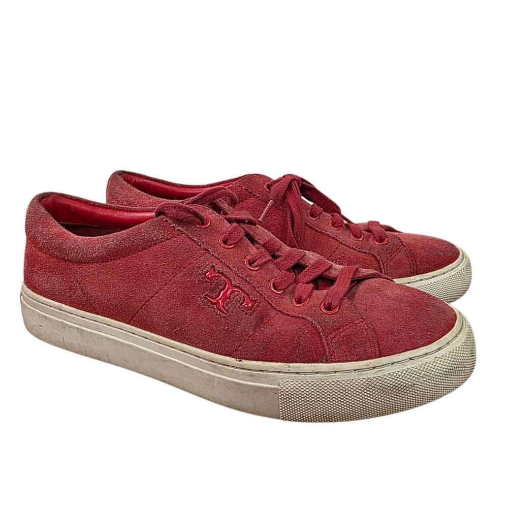 Tory Burch Womens Amalia Sneaker Suede Leather Shoes Red Leather Size 8.5 US